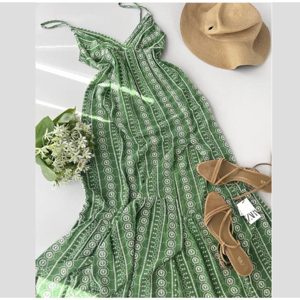 ZARA Green V-Neck Midi Dress NWT - Picture 16 of 16